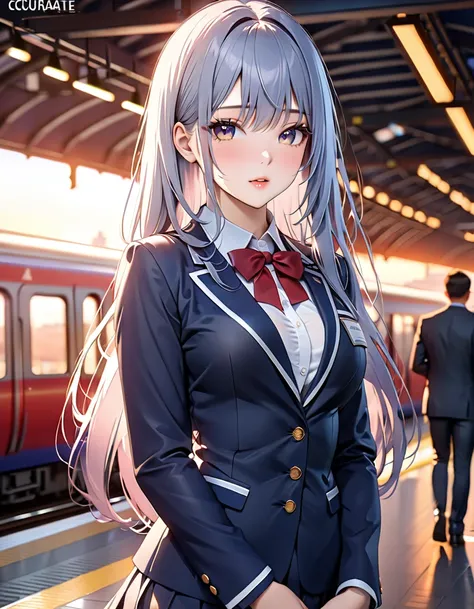 NSFW:1.5, (Busy Train Station:1.5),  high school girl, uniform, Alluring, sunset,  pretty girl,  Long Hair, masterpiece:1.5, masterpiece, highest quality, UHD, retina, masterpiece, ccurate, anatomically correct, textured skin, super detail, high details, h...