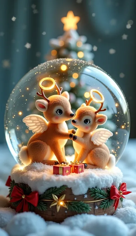 A serene, angelic Christmas scene inside a glowing snow globe featuring a family of tiny, fluffy reindeer. The mother and father reindeer are gently holding their two baby fawns, all adorned with soft, feathery angel wings and golden halos glowing above th...