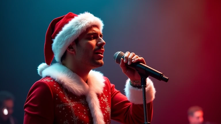 attractive and sexy man ,  international rock singer,  Christmas dress, Singing a Christmas song with a Santa Claus hat, de cuerpo entero, In one hand he has the microphone and the other on his forehead like Michael Buble