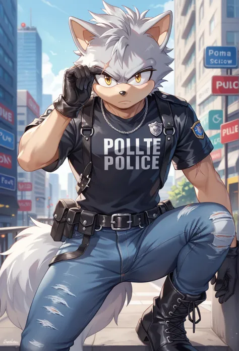 Male Wolf, ((Character Sonic oc  )), Adult male, (  silver hair all over his body   ), (  light gray inner ears  ), (alone), (   short hair,  wild and messy   ), city,   scar near the left eye that crosses the left eye diagonally, He is wearing a white t-s...