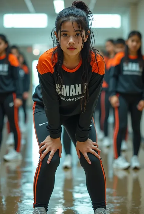 Indonesian woman 21 years old .  Sweatshirt smeared sweat soaked shirt. wet body. ((White Stripe Orange Stripe Long Sleeve Trining Tracksuit)). ((Long to toe orange color white stripe trining pants)) (( Full Body Print Shirt : ((SMAN II AI )). ((Moderate s...