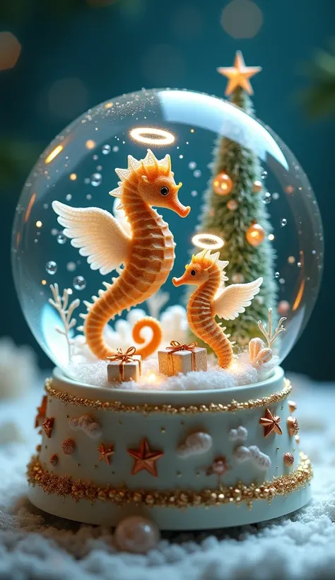 A celestial Christmas scene inside a radiant snow globe featuring a family of tiny, angelic seahorses. The mother and father seahorses are gently cradling their two baby seahorses, all with delicate, shimmering angel wings made of soft, translucent feather...