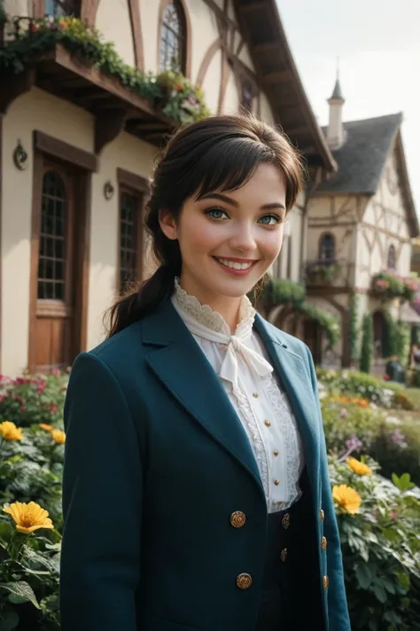 photo portrait of a young beautiful French woman aged 18 years of European appearance with long black hair in her hair, two long tails on the sides. Dressed in a dark blue pea coat and black velvet pants .  In the background, a village with half-timbered h...