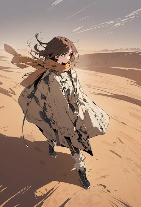 desert、punk。A masterpiece of long coat garments,  best quality )), one girl, beautiful attention to detail , shorthair、 dynamic composition 、wearing a scarf,Pencil sketch of an anime girl with shoulder-length brown hair and big brown eyes wearing a big coa...