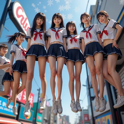 Haunting Live-Action, Extremely Detailed KAWAII JK Diving from Glico Running Man at Doutonbori, Sparkling, LifeLike Rendering, MotionBlur, (XLabs F.1 Realism LoRA V1), White Sailor Uniform with Thongs, Red Ribbon Ponytail hair fluttering in the wind, Profe...