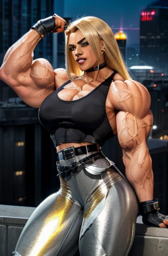 ((Close-up)), tall, (yellow hair) beautiful muscular Latino woman, long hair, brown skinned, closed smile, (black lipstick), (massive muscles), (hyper muscle), (ginormous bulky muscles), gray eyes, ((((metallic tank top)))), ((((Metallic pants with belt)))...