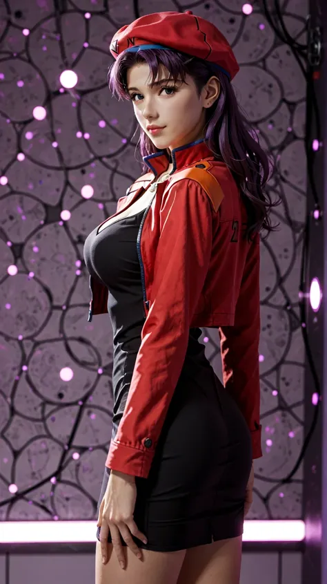 Misato Katsuragi, (rear shoot). Evangelion, EVA 01, short black dress, sexy, big breasts, perfect body, red jacket, masterpiece, masterpiece, render, NIKON, 1.8f, bokeeh, soft lights, beautiful, purple hair, purple hair, beautiful eyes, perfect, perfect bo...