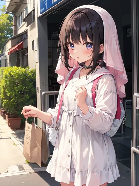 (Alone:1.5), girl1人( very cute ,My daughter,( girl:2.0),, s&#39;Body Type,Dark Eyes,(************), black hair, shiny hair, braided twin tails , pink skirt , white jacket（ blue ribbon),Japanese school bags（red）,  characters,Adult Perspective , cute smile w...