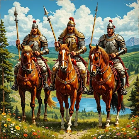 Close-up, In the foreground, Detailed portraits, faces are well lit, A very detailed historical painting depicts three (3) Russian - Slavic medieval bogatyrs with beards (in light metal chainmail!) and helmets, holding a sword, spear and mace in their hand...