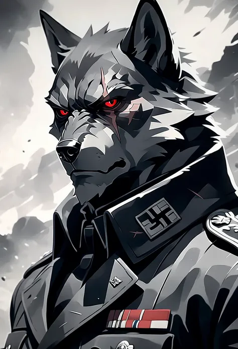  anthropomorphic black wolf wearing all black nazi military uniform, detailed black fur, scar on eye, red eye color, evil, villain, sexy, masculine, cold expression, rugged, military general, intimidating, black and white clothing, toned, light novel art, ...