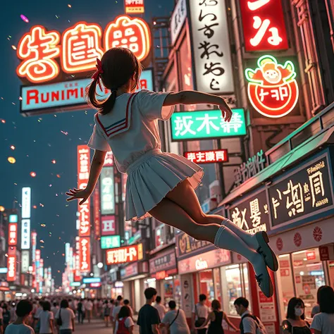 Haunting Live-Action, Extremely Detailed KAWAII JK Diving from Glico Running Man at Doutonbori, Sparkling, LifeLike Rendering, MotionBlur, (XLabs F.1 Realism LoRA V1), White Sailor Uniform with Thongs, Red Ribbon Ponytail hair fluttering in the wind, Profe...