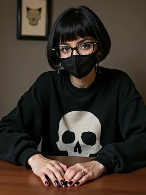 Linda Girl with short hair ESPETADO PRA CIMA BEM ROCKEIRA,  AND BLACK JUST LIKE A MAN ,  WEARING A COLD SWEATER WITH A SKULL SYMBOL ,  WITH HIS HANDS ON THE TABLE ,  AND GLASSES ,  AND HIS BEAUTIFUL NAILS PAINTED BLACK IN A VERY ROCKEIRA STYLE, WITH CORD ,...