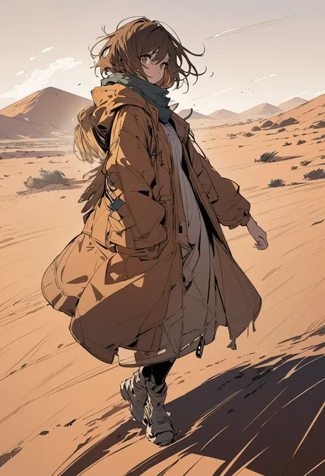 Desert, punk. A masterpiece of tattered clothing, top quality), pencil sketch of a single girl, beautiful attention to detail, short hair, dynamic composition, wearing a scarf, anime girl with shoulder-length brown hair and big brown eyes wearing a large c...