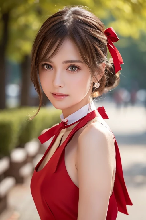 Life s,  brown hair,  white skin, Realistic, Long hair tied with a red ribbon, Light brown eyes,  Red Dress, 8K images, Realistic human skin,  image of a real  grabbing a collar,