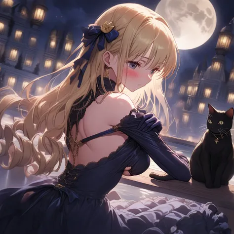 ((masterpiece)), best quality, best quality drawn, an anime girl,a vampire girl, (blue leather lolita classic hard dress:1.5)), ((gloves)), ((blonde drill odango hair)), golden bat hair ornament, ((blush)), look away, Night sky, moon, outdoors, (insanely d...