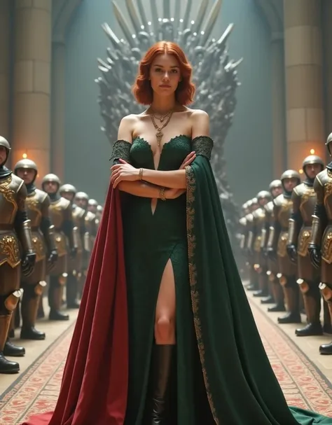 (fullbody shot:1.1): (long shot:1.1): (looks to viewer:1.1): generate landscape image, bright photo 1080P, beautiful XL-size woman 30-35 years 5.1ft with short dark red sort wavy hair her face is brightly lit, stands before the swords throne of Targaryen i...