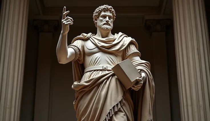  Statue of Marcus Aurelius in heroic pose : " Statue of Marcus Aurelius in a heroic pose,  with an expression of leadership and courage .  He is raising one hand as a sign of command ,  while the other one holds a book .  Realistic details of his Roman arm...