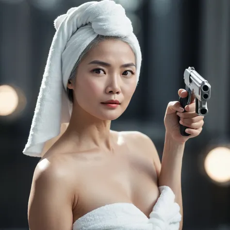 cinematic film still of bright light, bright, a middle aged sexy gray haired still very young looking Asian woman wearing only a white towel on her head and she is naked holding a gun in her hands pointing it in front of her full body view High-key lightin...