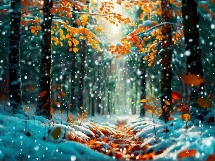 Snow falls in the forest in late autumn in the morning. Impressionism, Depth Of Field,  Panorama , 