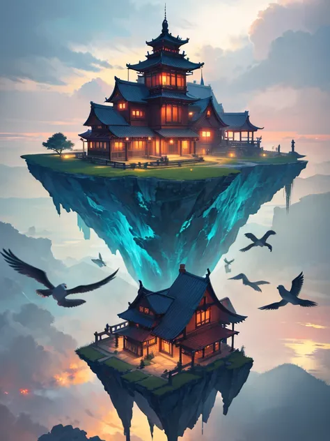 color (fantasy: 1.2), (Traditional Chinese Style), ( Irregular red buildings are floating above the clouds ), Patchwork Cottage, Floral decoration, Light,  concept art inspired by Andreas Rocha,  Artstation contest winner , fantasy art, (Sky City), Ross Tr...