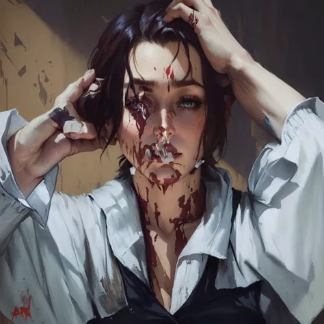  painting of a woman with a bloody face and a white shirt, Caleb de Critical Role, Handsome boy in the art of Demon Exterminator, by Galen Dara,   bioshock infinite art style  , Elizabeth de Bioshock Infinite, valentina remenar, androgynous vampire, portra...