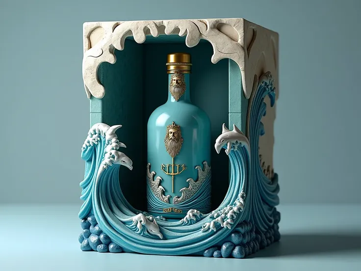 form:  The The box is designed in the shape of a giant wave that envelops the bottle ,  as if the drink were being  "protected"  through the waters of Poseidon . When opening the box,  the interior has an asymmetric structure that simulates the movement of...