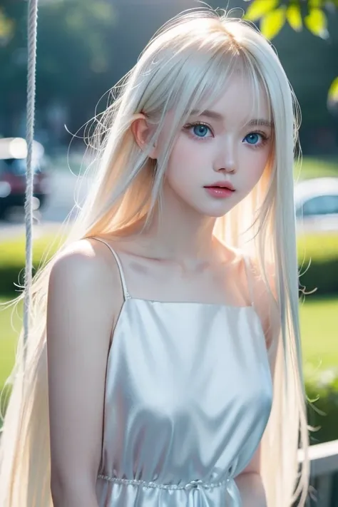 Very beautiful baby face、Ultra-long platinum blonde hair that looks like silk in the wind、Swinging bangs、Cute, sexy, 19 year old blonde with incredibly bright light blue eyes、Hair above the eyes、片Hair above the eyes、 hair between eyes、