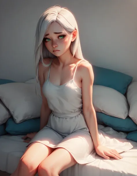 A young teenage girl with long white hair,  shy expression,  with big green eyes ,light skin, She sits on bed , long white dress, Scenario a modern bedroom  