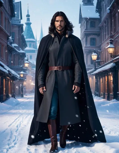  a man with long dark hair wearing a cloak and a blindfold in front of a snowy background. There are no vehicles or a city street scene in this image.  реалистичное изображение , шедевр,  произведение искусства,  гиперреалистичная, Рендеринг ,  realistic p...