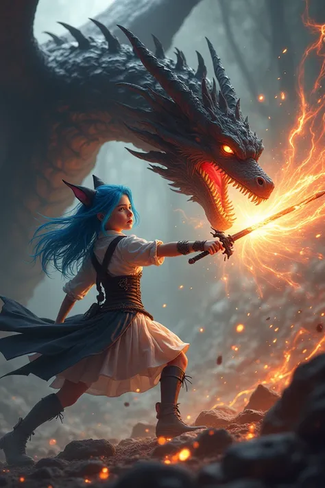 Girl with blue hair and cat ears fighting a dragon the dragon is carrying a fire attack and the girl has a black sword and is preparing an attack of darkness