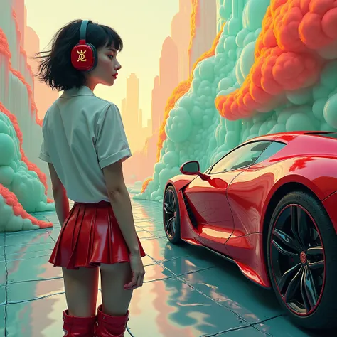  Max Ernst 、Beautiful French girl、 Mini Skirt、 red electric supercar 、 luxury brand fashion girl wearing headphones、Bontage Fashion 、green、yellow、 orange、Purple、 Red Boots