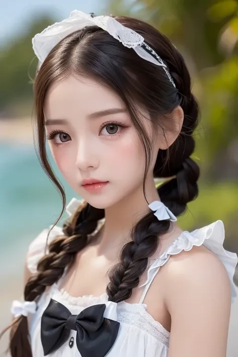  best quality, Ultra Nothing,  Photorealistic,   pictures of beautiful women, 30th Generation,  detailed face ,  Black Messy Fishtail Braid , (Detailed porcelain doll, delicate clothes with lots of frills and bows),  beach , ( face up),  seductive gaze ,  ...