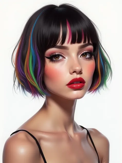 Painting of a single female, focus on upper body, intensely gazing towards the viewer against a stark white backdrop, her hair styled in a chic bob cut, strands of rainbow colors woven in between her short locks, her face adorned with makeup highlighting e...