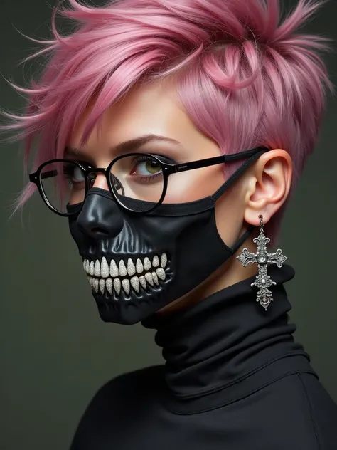  A beautiful woman,  with her short hair spiked like pink,  with her black skull blouse ,  with a black mask ,  light brown eyes , a close-up painting, cross earrings in the ear , and glasses, rocker style, WITH CORD 