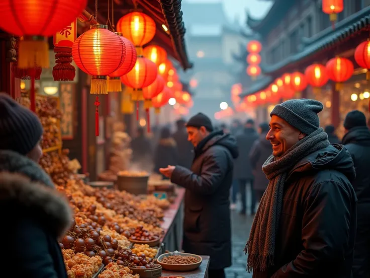  In the ancient city of Xian ,  a bustling market comes to life under the dim light of the red lanterns that adorn the stalls.  Merchants wrapped in thick coats sell hot tea ,  honey candies and figures carved in wood . The sounds of haggling ,  laughter a...