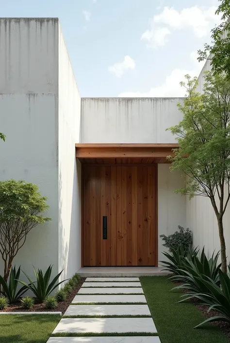  Minimalist house with white concrete walls,  blacksmith shop ,  wooden door parota , and garden . Two-story with large windows and balconies