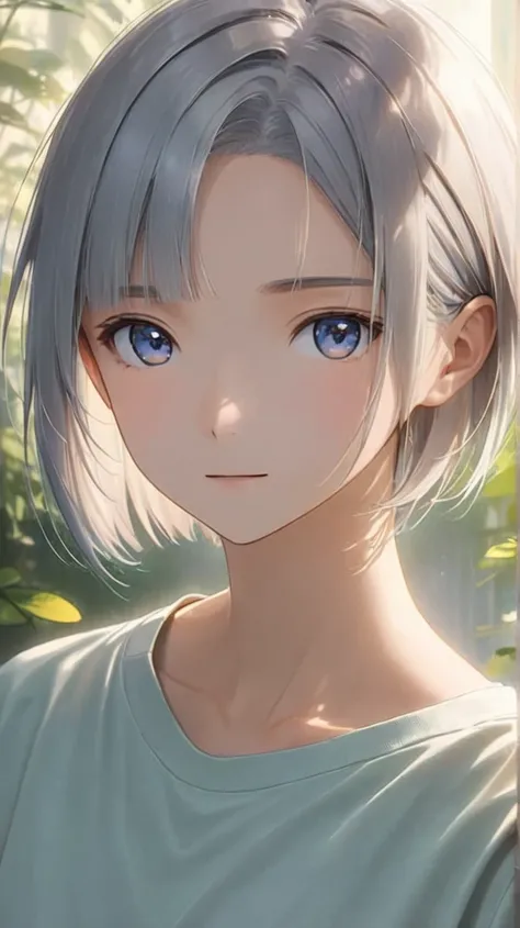 short, slightly tousled light gray hair with a faint bluish tint, sleek and casual hairstyle with soft layers, boyish and androgynous charm, calm and introspective young woman, short textured bangs, layered and tousled long nape, asymmetrical bangs, soft s...