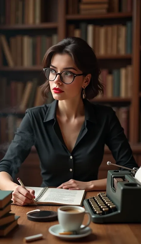  cute woman,  brunette , in glasses, sitting in the room,  at the table ,  on the table typewriter , books on the table,  behind the woman book shelves ,  on the table ashtray and cigarettes,  on the table a mug of coffee , Woman looking forward, woman in ...