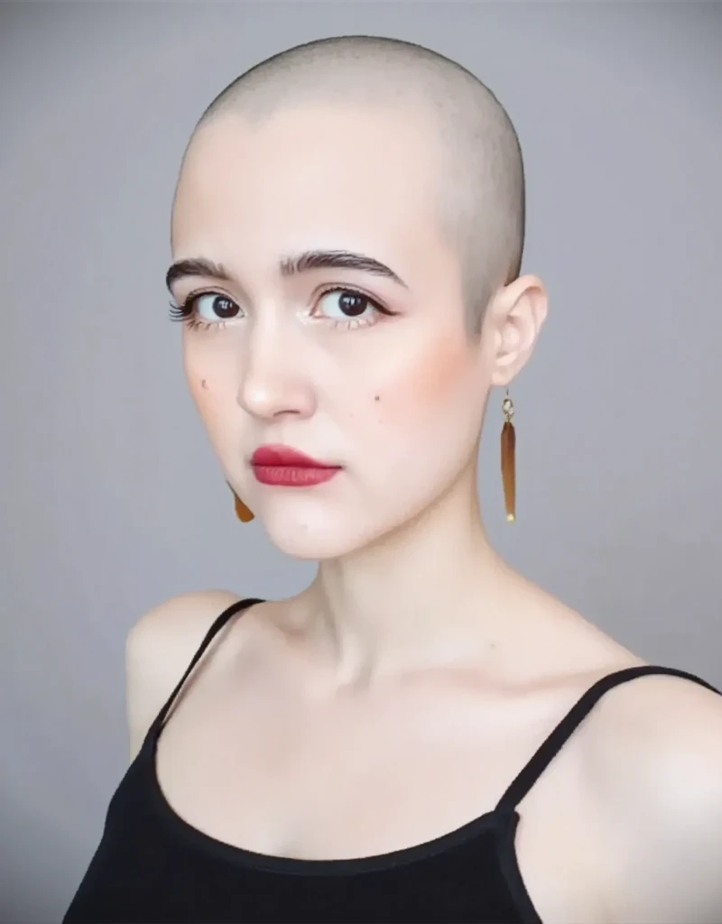 (((completely bald woman)) with a (((smooth hairless head))), (((no hair at all on her head))). (bald hairless smooth head).
