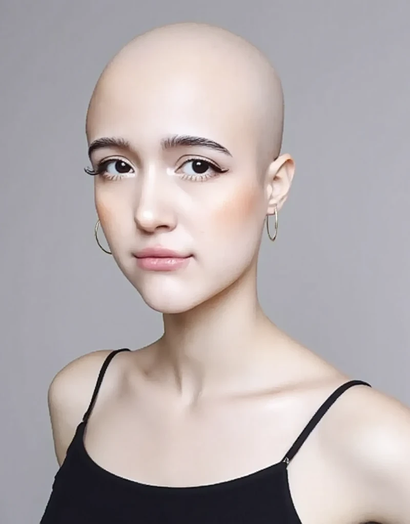 (((completely bald woman)) with a (((smooth hairless head))), (((no hair at all on her head))). (bald hairless smooth head).
