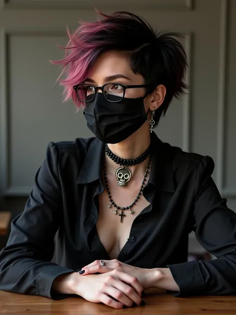  A beautiful woman, with her short hair ,  with the color spiky black like pink ,  with her black skull blouse from cold ,  with a black mask ,  dark brown eyes nail painted black, cross earrings in the ear , and glasses, rocker style,  with cord
And with ...