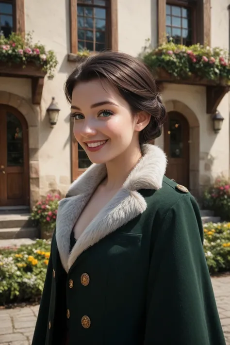 photo portrait of a young beautiful French woman aged 18 years of European appearance with long black hair in her hair, two long tails on the sides. Dressed in a dark grey pea coat and black velvet pants.  In the background, a village with half-timbered ho...