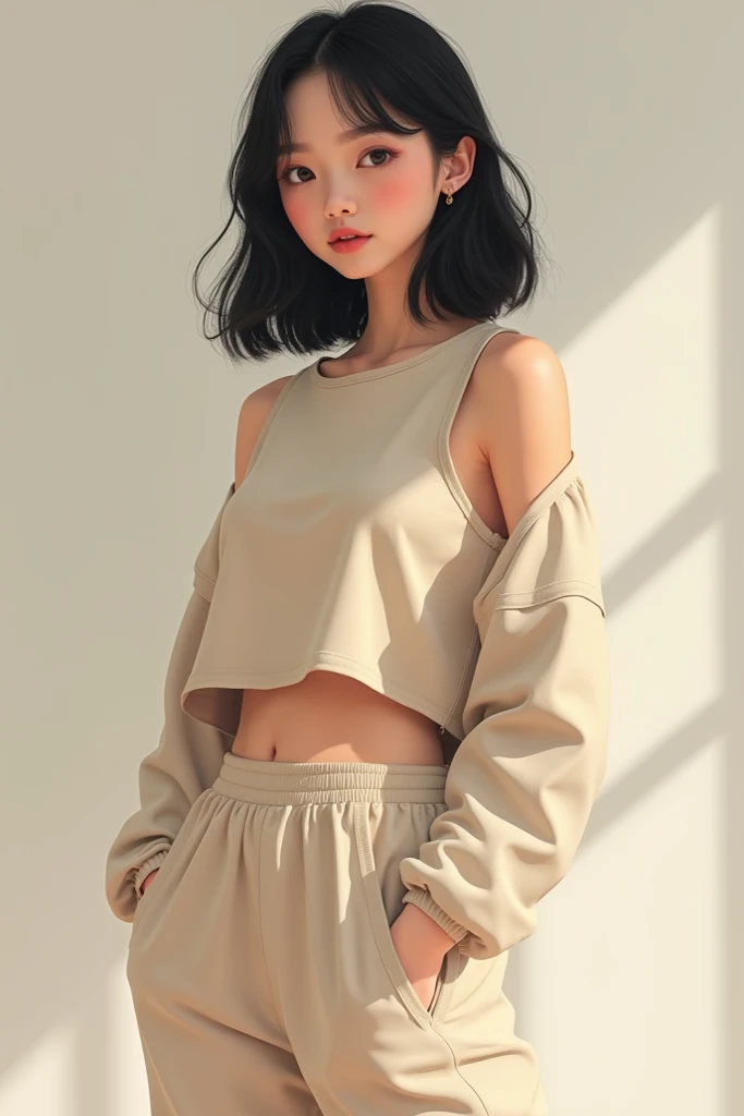  A girl dressed in a beige sports outfit ,  the girl has black hair that reaches her shoulders, The pretty eyebrows she has a white complexion  