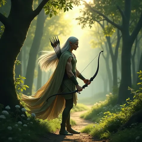 Handsome elf with long silver hair holding a bow walking in the forest