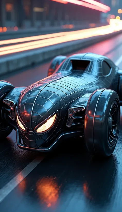 Cinematic, ultra-realistic full-body view of a hybrid merging Spider-Man and a futuristic sports car. The hybrid has a sleek, metallic body that mirrors the car’s curves, with spiderweb-like engravings glowing faintly across the surface. Spider-Man’s mask ...