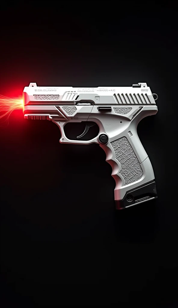 Make a futuristic ornate hand gun with shades of white with red energy coming out of it make it on a black background as if it were in a game