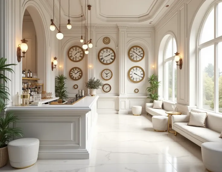 Cozy white bar full of clocks. Elegant, light, white, stunning, 4k, art.