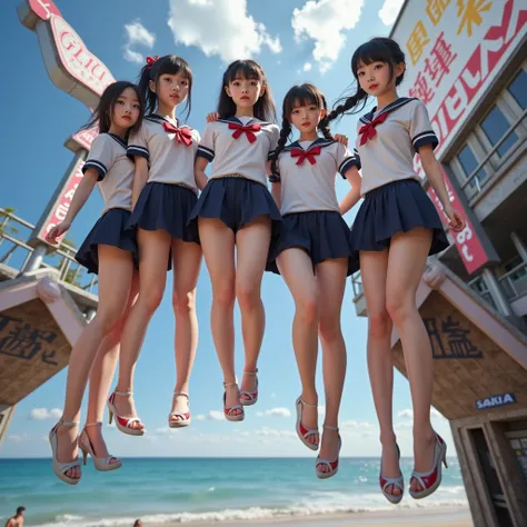 Haunting Live-Action, Extremely Detailed KAWAII JK Diving from Glico Running Man at Doutonbori, Sparkling, LifeLike Rendering, MotionBlur, (XLabs F.1 Realism LoRA V1), White Sailor Uniform with Thongs, Red Ribbon Ponytail hair fluttering in the wind, Profe...