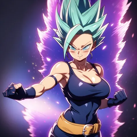 dbsuper style, 
Petite Girl, green aura, super saiyan aura, belt, purple colored hair, huge hair, bruise, bruise on face, clenched hands, frown, Mages hat, gloves, blue eyes, grey gloves, evil grin, medium breasts, petite, soft muscles, solo, spiked hair, ...