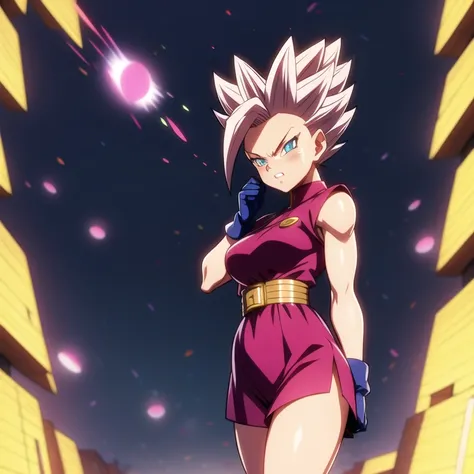 dbsuper style, 
Petite Girl, green aura, super saiyan aura, belt, purple colored hair, huge hair, bruise, bruise on face, clenched hands, frown, Mages hat, gloves, blue eyes, grey gloves, evil grin, medium breasts, petite, soft muscles, solo, spiked hair, ...